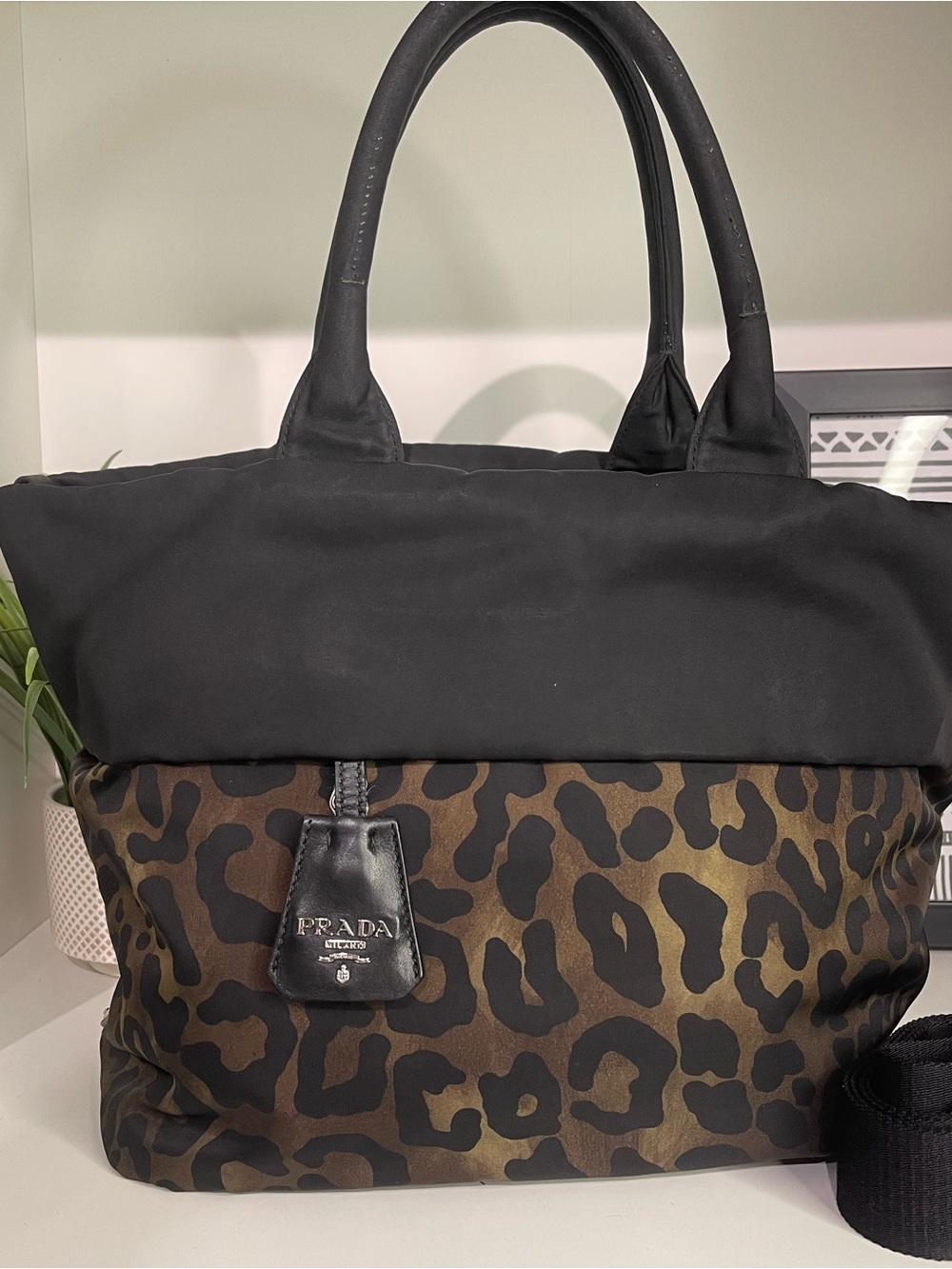Prada Black and Brown Leopard-Print Nylon Tote 2 Way